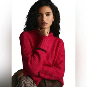 Maeve Mock Neck Color Tipped Folded Sleeve Hem Hot Pink Sweater Women Size L